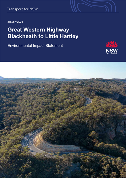 Cover of Great Western Highway Blackheath to Little Hartley Environmental Impact Statement January 2023 with an aerial view of part of the Great Western Highway over the Blue Mountains.