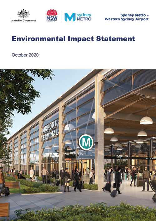 Sydney Metro Western Sydney Airport Environmental Impact Statement October 2020 cover with artist impression of the Metro station building entrance