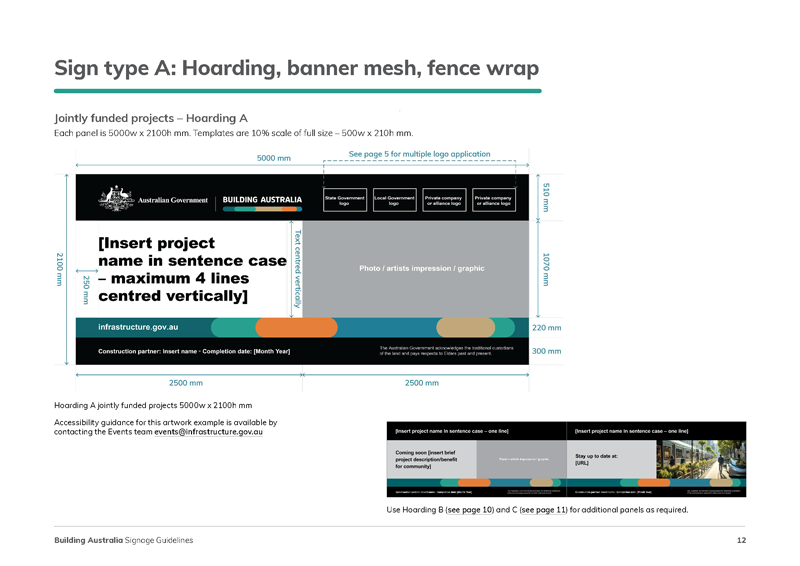 Example page from guidelines with image of artwork signage and measurements around it