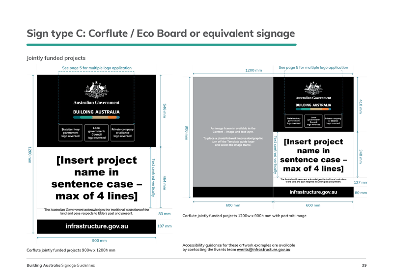 Example page from guidelines with image of artwork signage and measurements around it